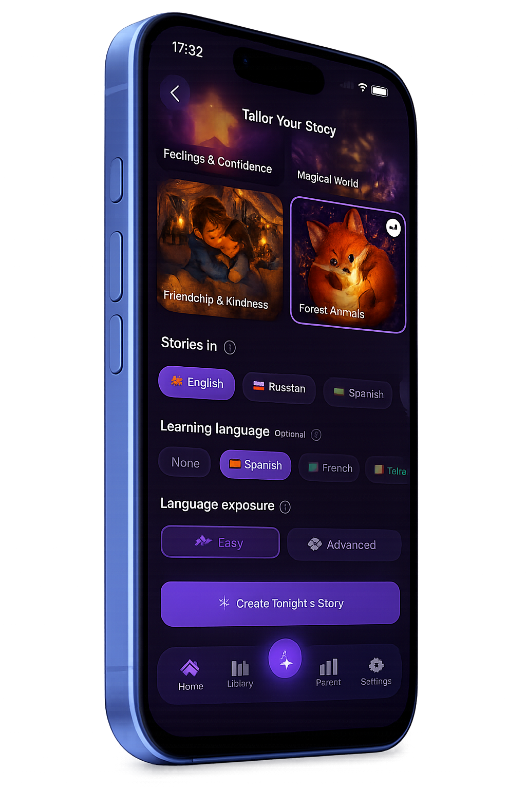 Story setup screen with story language, learning language and exposure level