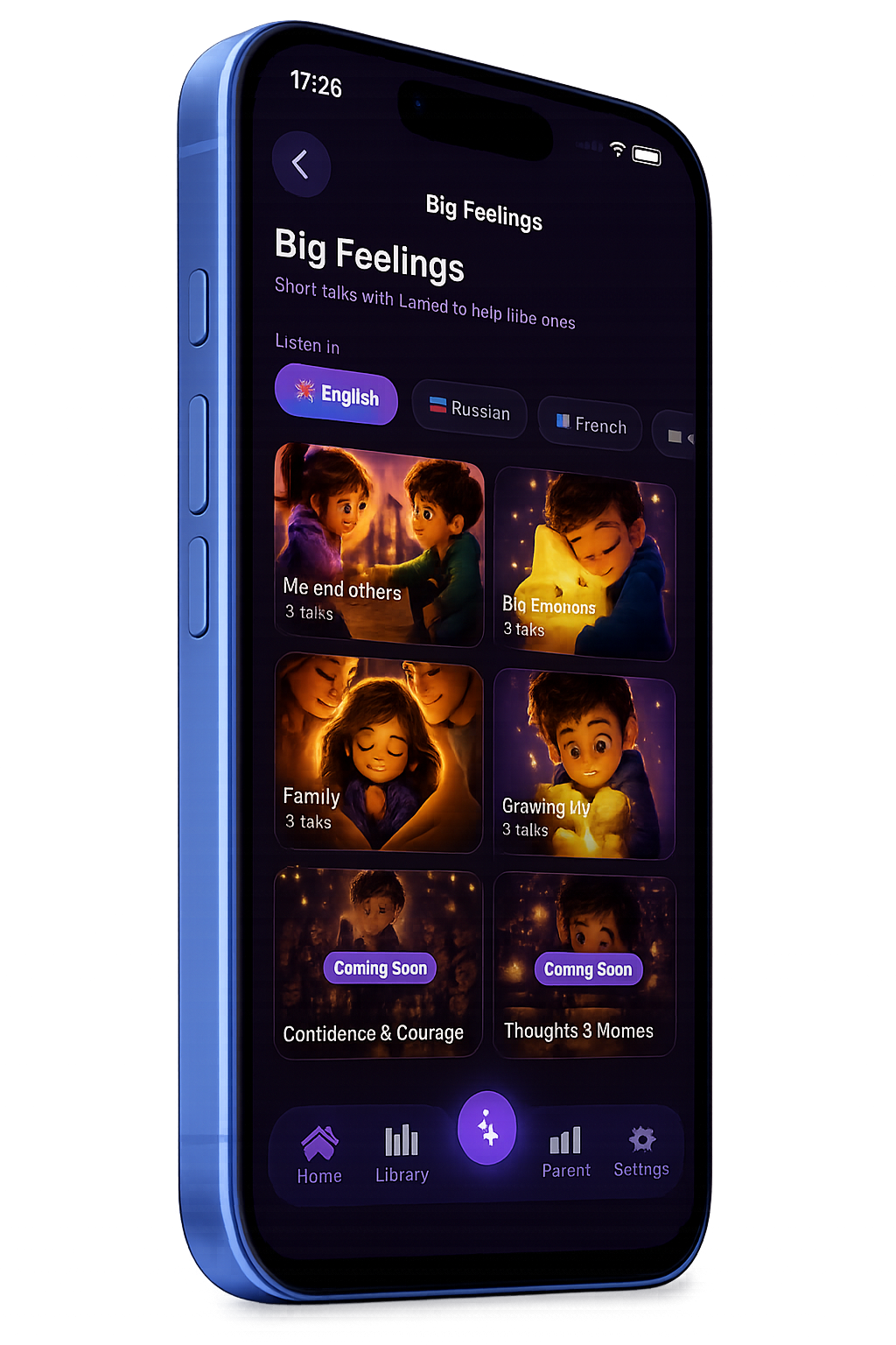 Big Feelings screen with topic cards