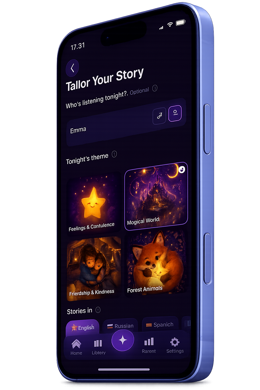 Tailor Your Story screen with the child's name and theme choices